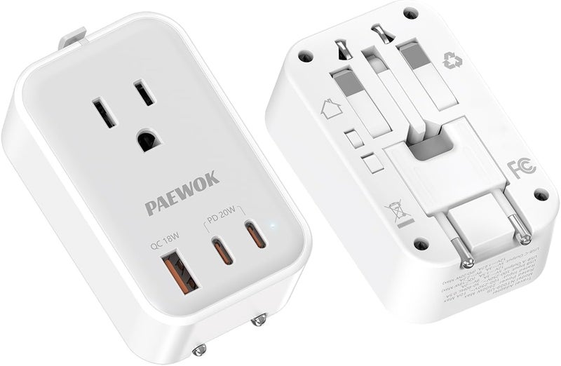 PAEWOK Universal Travel Adapter USB C, European Travel Power Adapter with 1 AC Outle and USB Fast Charging (PD 20W), Foldable Type C/G/A/I Plug, White - Image 1